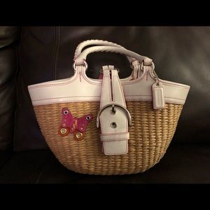 Pink and Natural Straw Coach bag